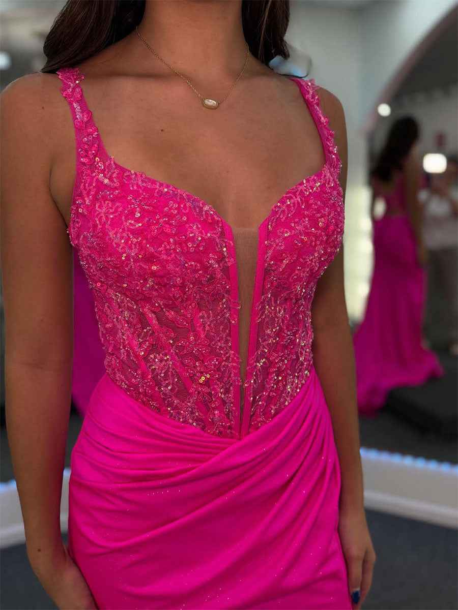 Plunging V-Neck Beaded Corset Bodice Prom Dress with High Slit