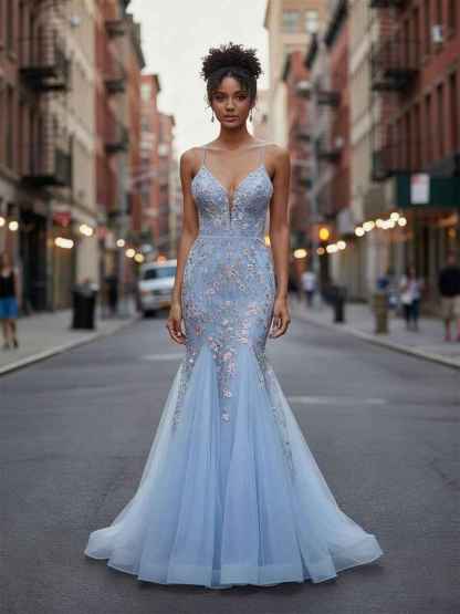 Plunging V-Neck Tulle Mermaid Prom Dress with Floral Embroidery