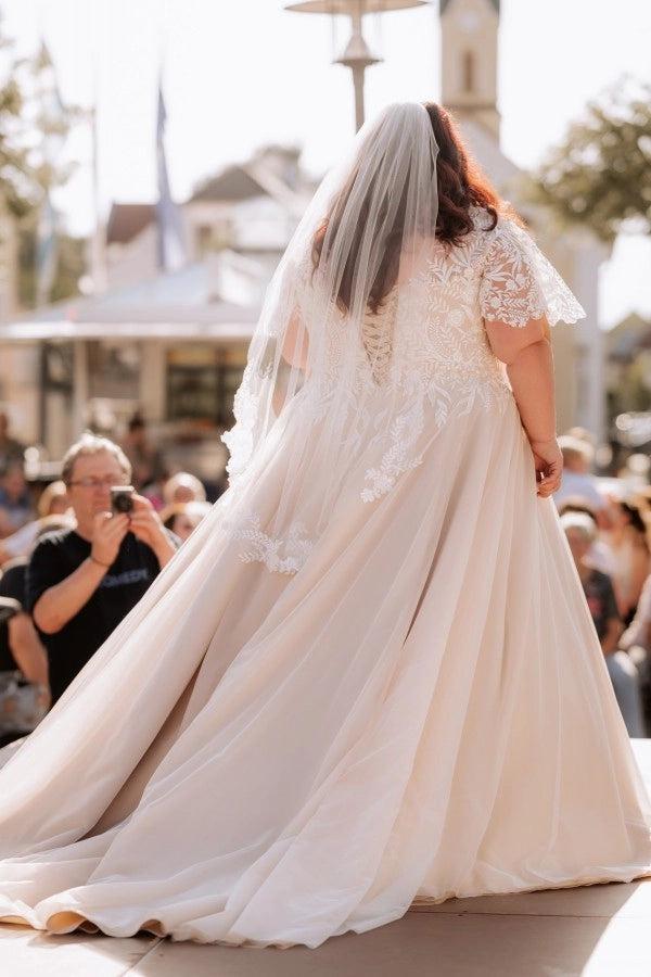 Plus Size Ivory A-Line Wedding Dress V Neck Short Lace Sleeves 3D Floral Embroidery Bridal Gown with Cathedral Train