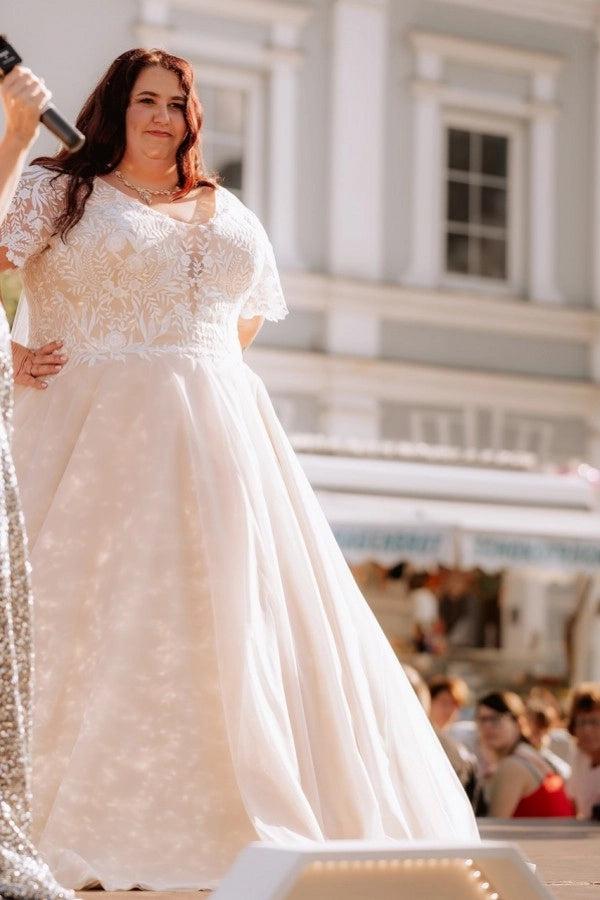 Plus Size Ivory A-Line Wedding Dress V Neck Short Lace Sleeves 3D Floral Embroidery Bridal Gown with Cathedral Train