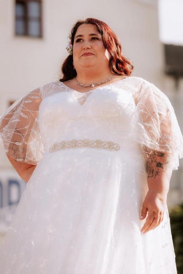 Plus Size White A-Line Wedding Dress V Neck Flutter Cape Sleeves Floral Embroidery Crystal Belt Glitter Tulle Bridal Gown with Sweep Train