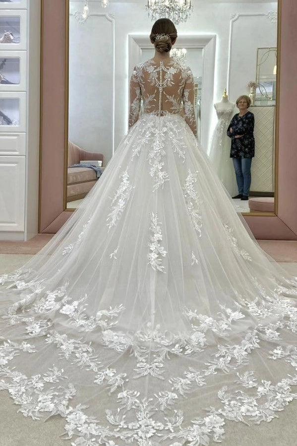 Popular Ivory V-Neck Long Sleeves A-line Wedding Dress with Appliques and Chapel Train