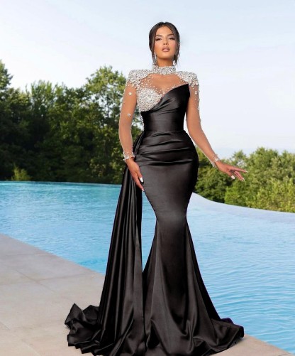 Bmbridal Black Long Sleeves Prom Dress Mermaid Crystal High Neck
