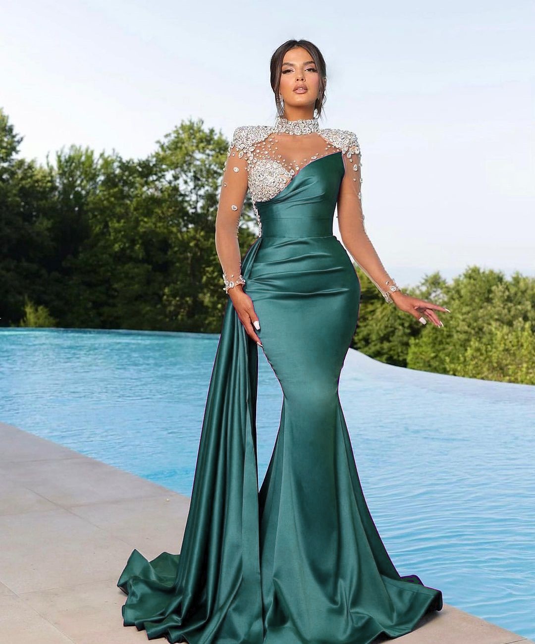 Bmbridal Black Long Sleeves Prom Dress Mermaid Crystal High Neck-BMbridal