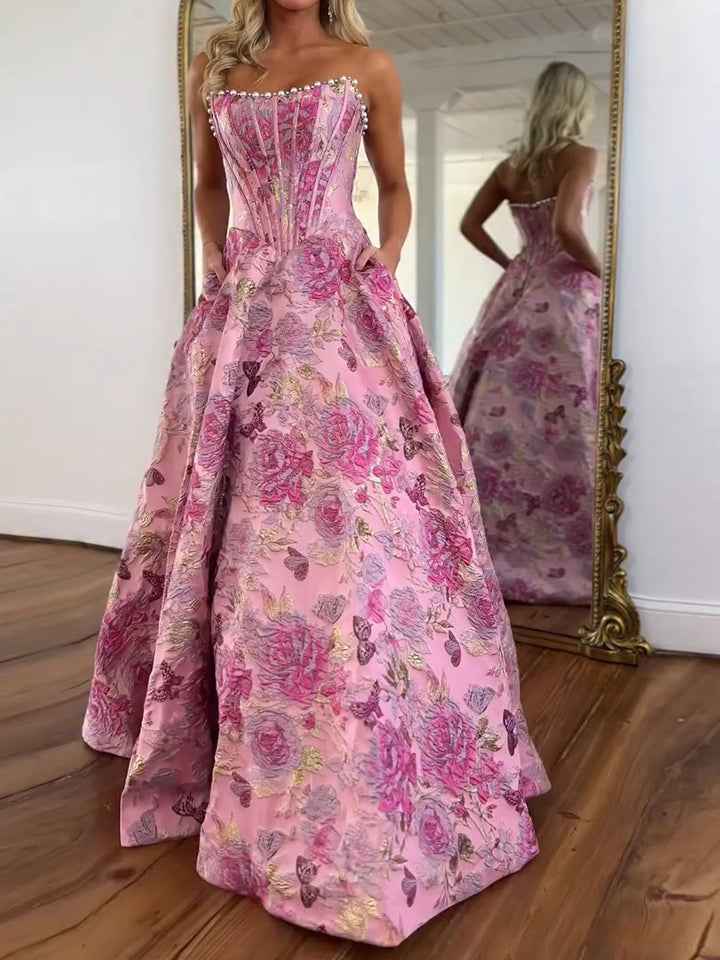 A Line Prom Dresses 3D Floral Strapless Evening Party Dresses with Bead