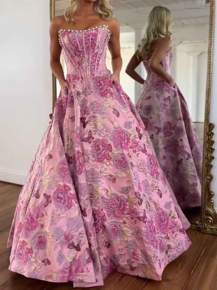 A Line Prom Dresses 3D Floral Strapless Evening Party Dresses with Bead