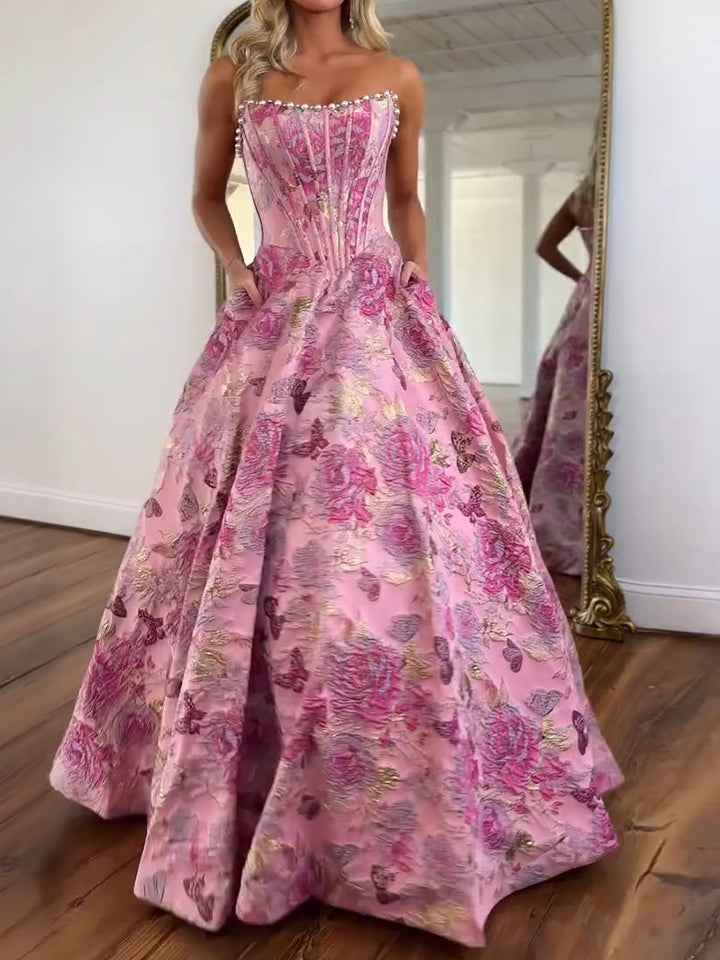 A Line Prom Dresses 3D Floral Strapless Evening Party Dresses with Bead