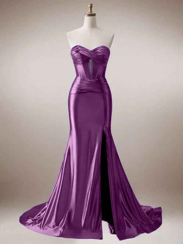 Purple Mermaid Strapless Sweetheart Corset Long Prom Dress with Slit