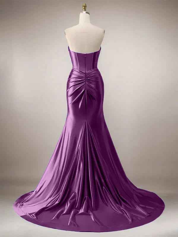 Purple Mermaid Strapless Sweetheart Corset Long Prom Dress with Slit