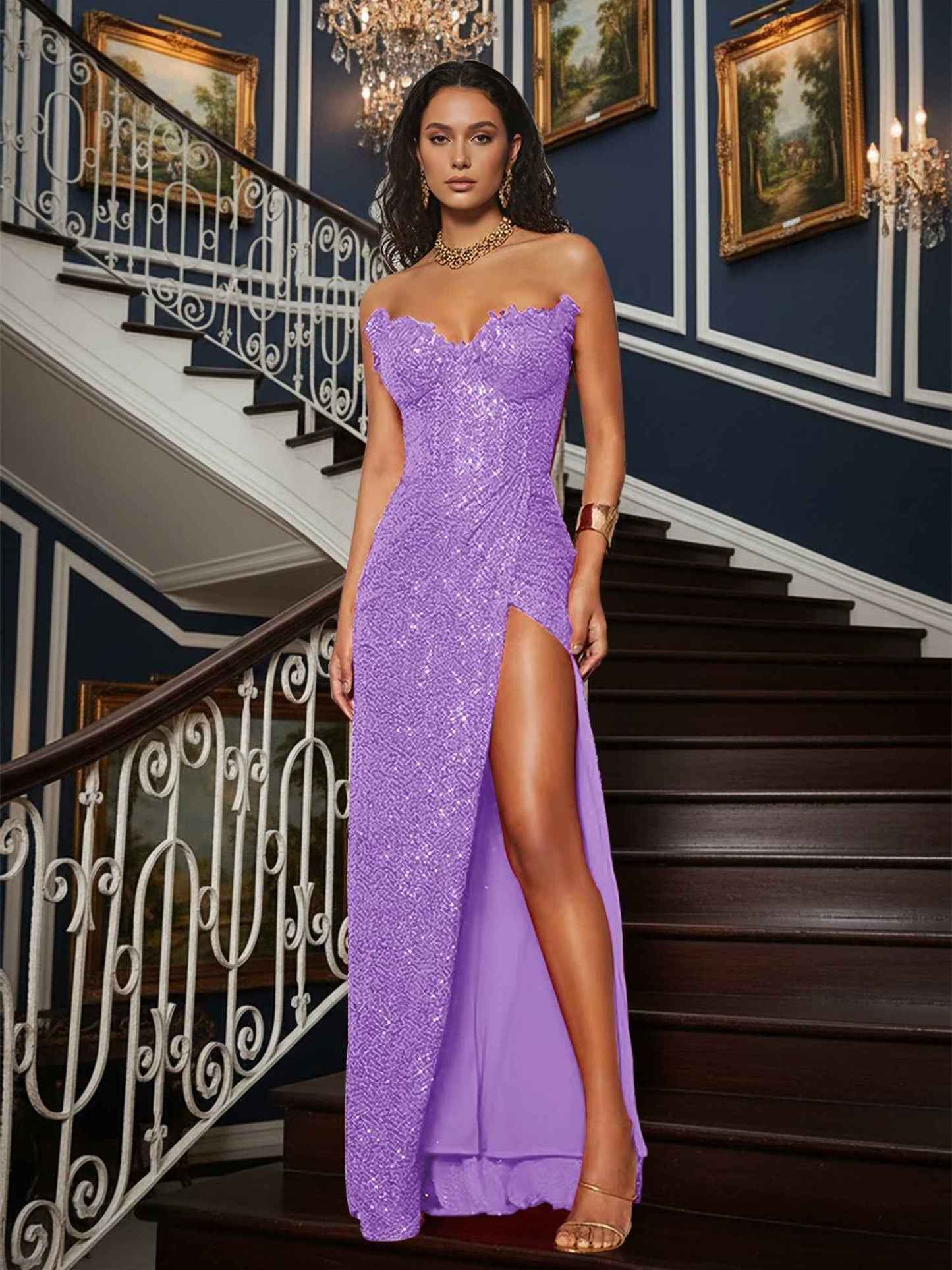 Sequin Strapless Sweetheart Long Prom Dress with High Slit