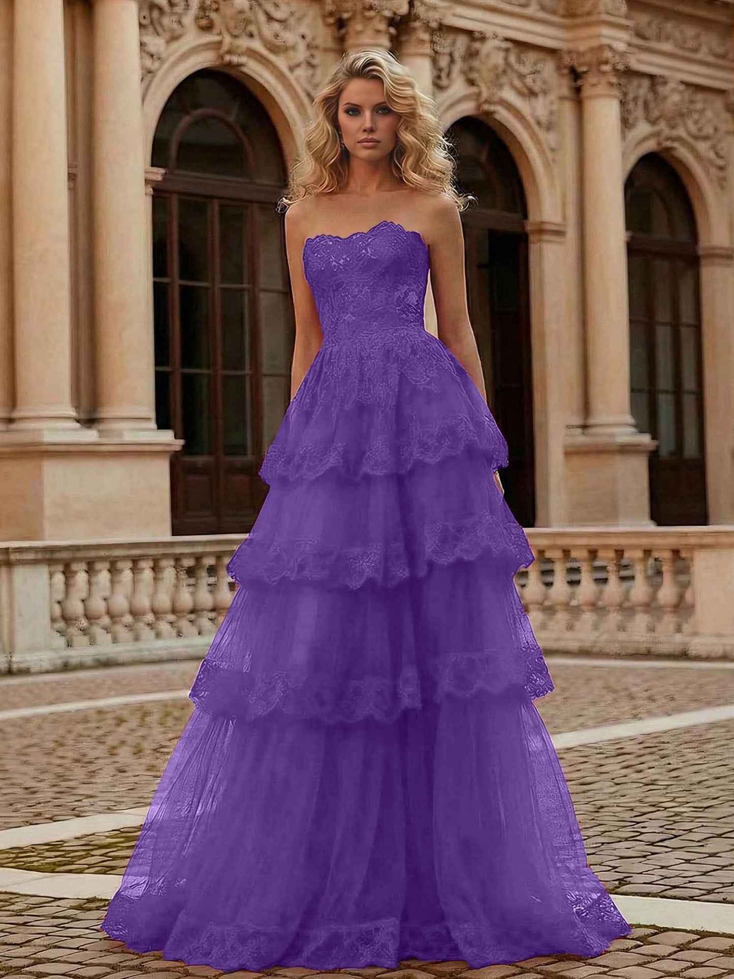 Red Tiered Tulle Strapless Lace Bodice A-Line Long Prom Dress