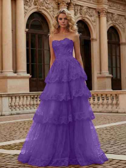 Red Tiered Tulle Strapless Lace Bodice A-Line Long Prom Dress