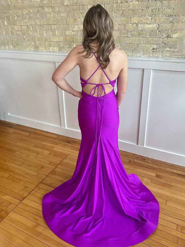 Purple Mermaid Spaghetti Strap Ruched Long Prom Dress with Slit