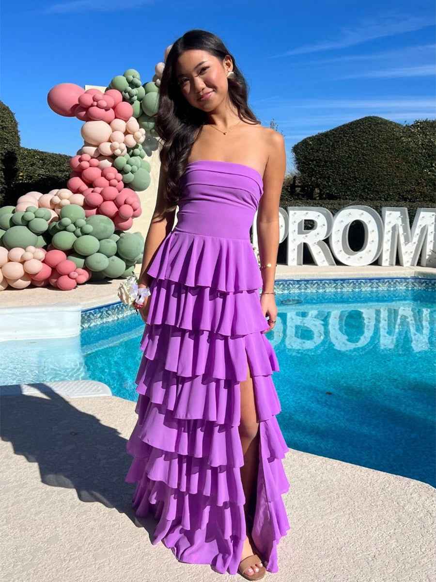 Purple Strapless Cascading Tiered Ruffle Prom Dress