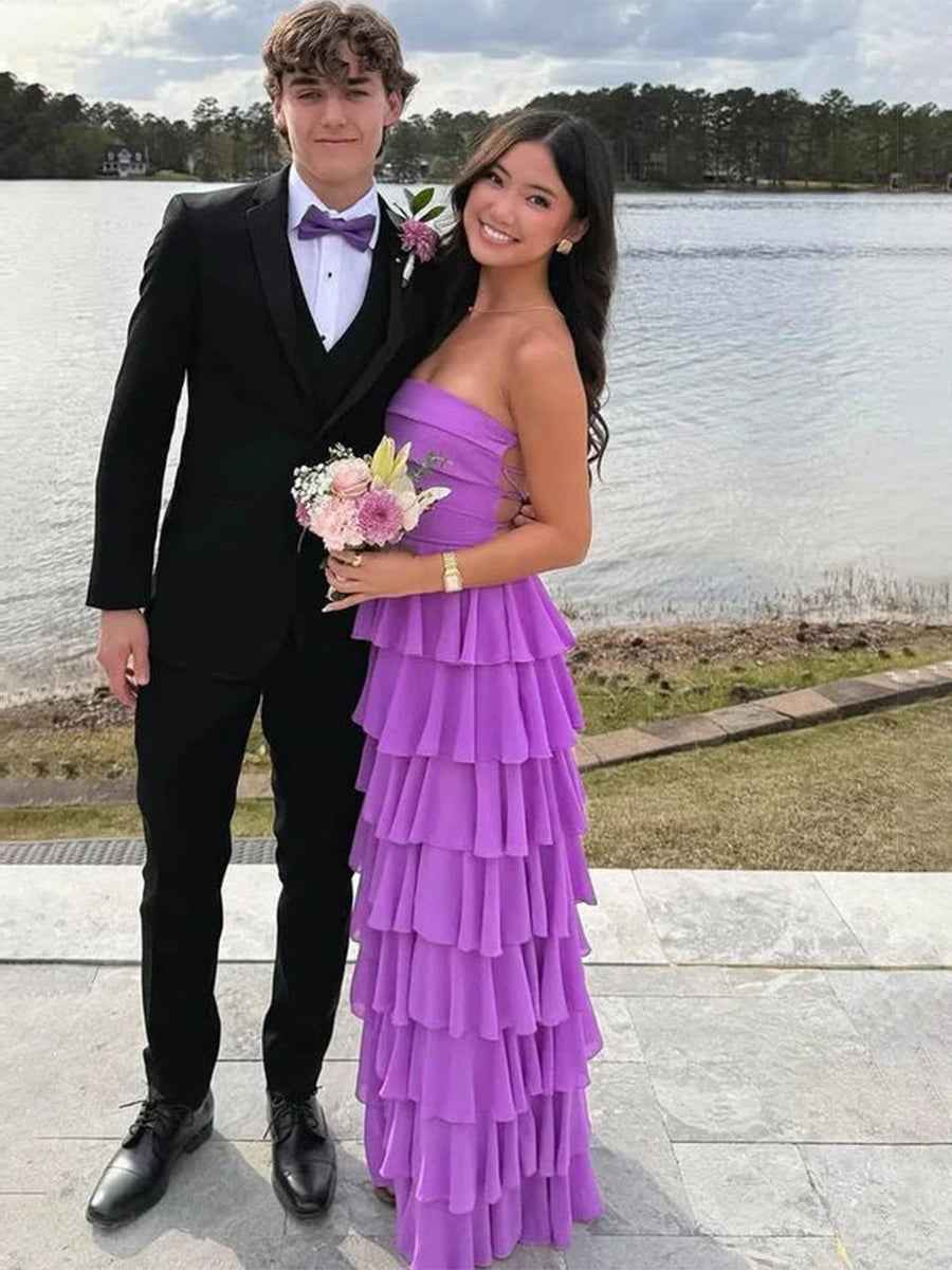 Purple Strapless Cascading Tiered Ruffle Prom Dress