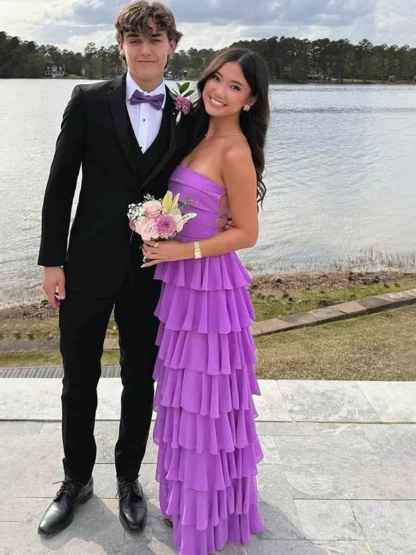 Purple Strapless Cascading Tiered Ruffle Prom Dress