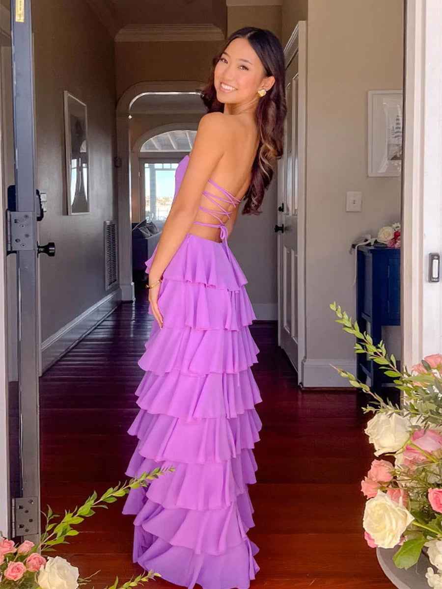 Purple Strapless Cascading Tiered Ruffle Prom Dress
