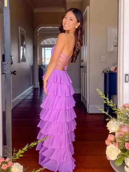 Purple Strapless Cascading Tiered Ruffle Prom Dress