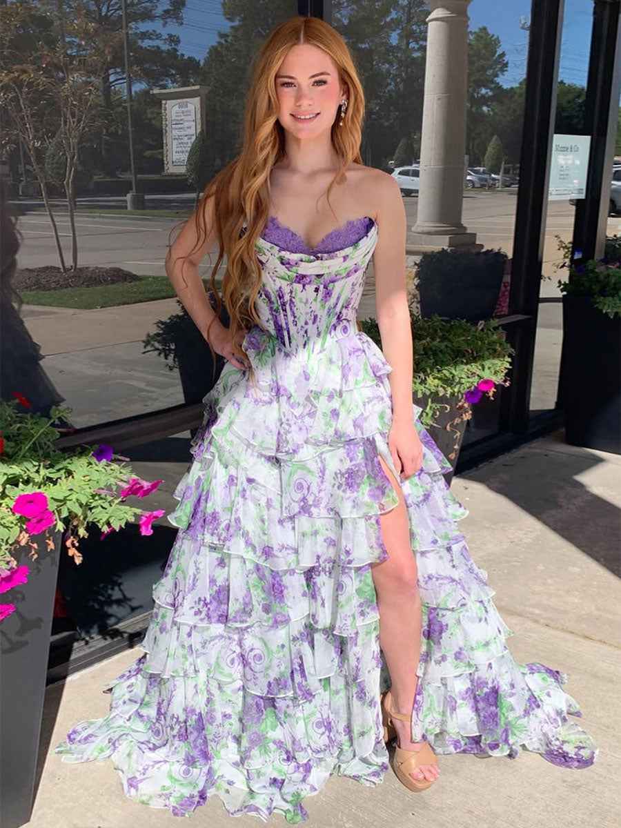 A Line Sweetheart Floral Chiffon Tiered Prom Dress with Slit