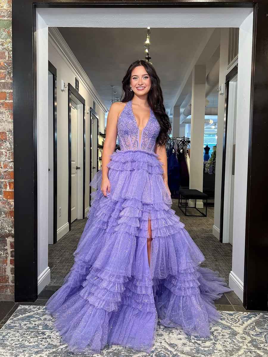 Purple Glitter Beaded Corset Tiered Ruffles Tulle Halter Prom Dress