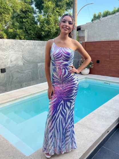 Purple Single Spaghetti Strap Sequin One-Shoulder Prom Dress