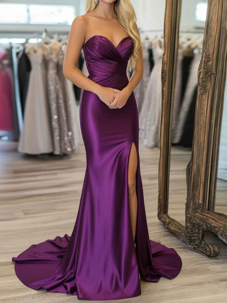 Purple Strapless Crisscross Ruched Bodice Satin Prom Dress with Slit
