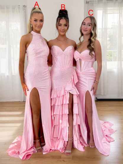 Radiant Pink Sequin Corset Long Prom Dress