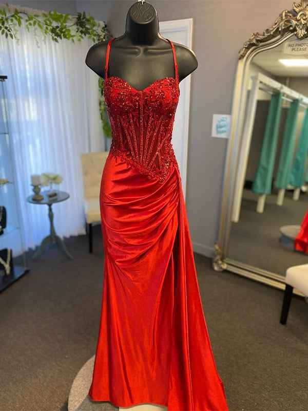 Green Mermaid Spaghetti Straps Bodice Long Prom Dress with Beads