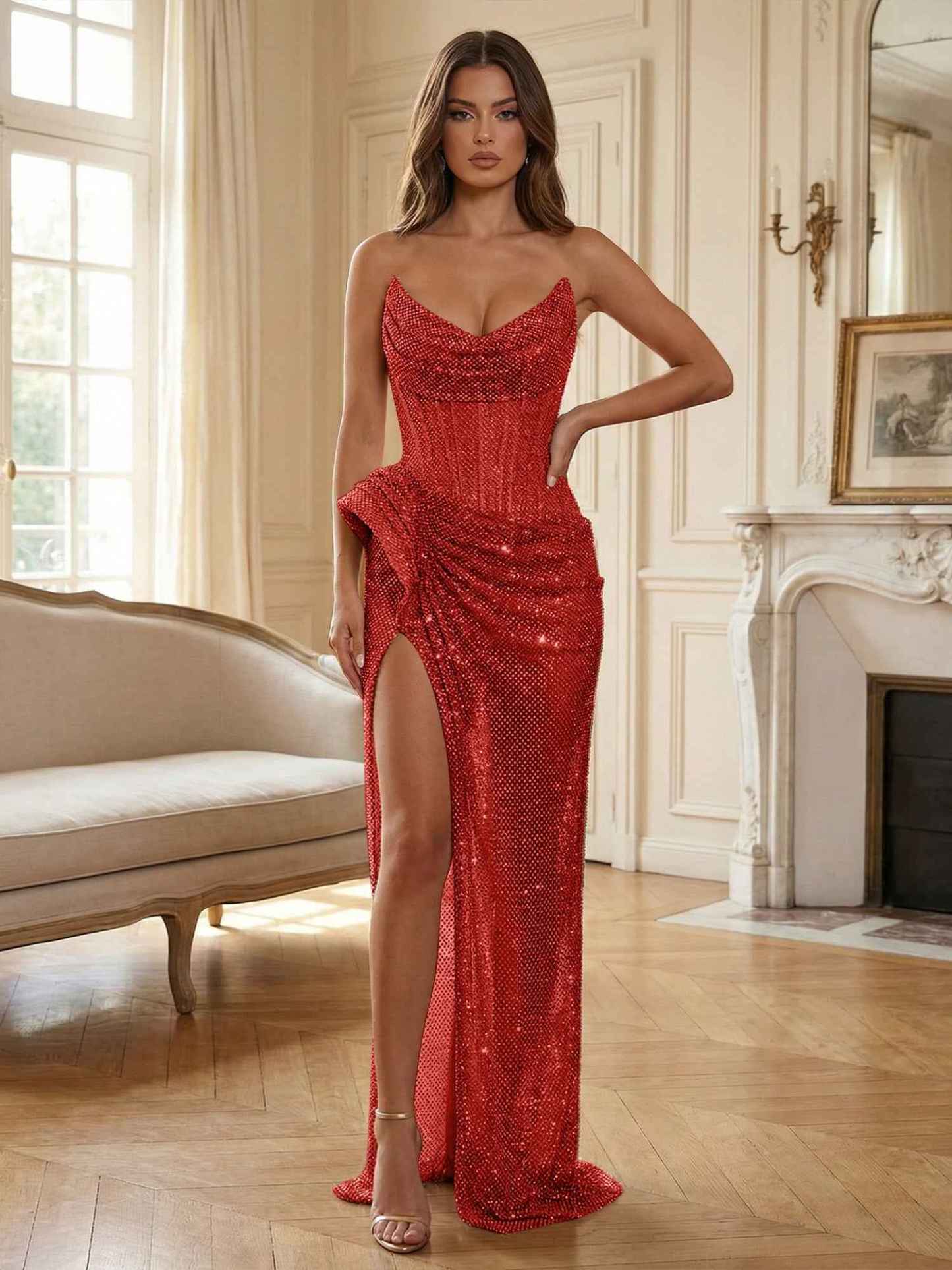 Champagne Gold Crystal-Embellished Corset Long Prom Dress with Slit