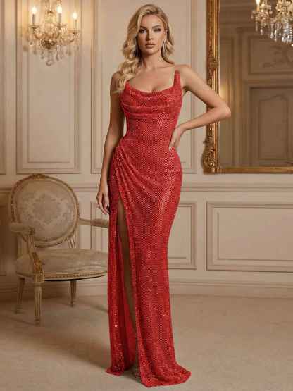 Silver Sequin Cowl Neck Ruched Long Prom Dress with High Slit