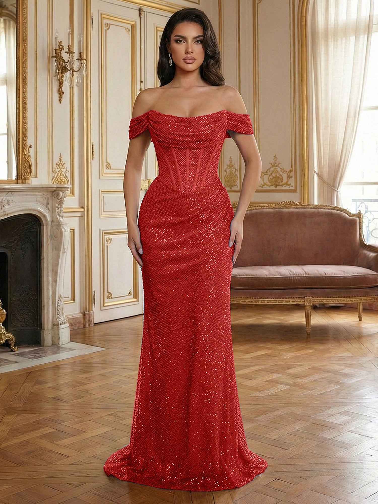Red Off-The-Shoulder Sequined Corset Mermaid Long Prom Dress