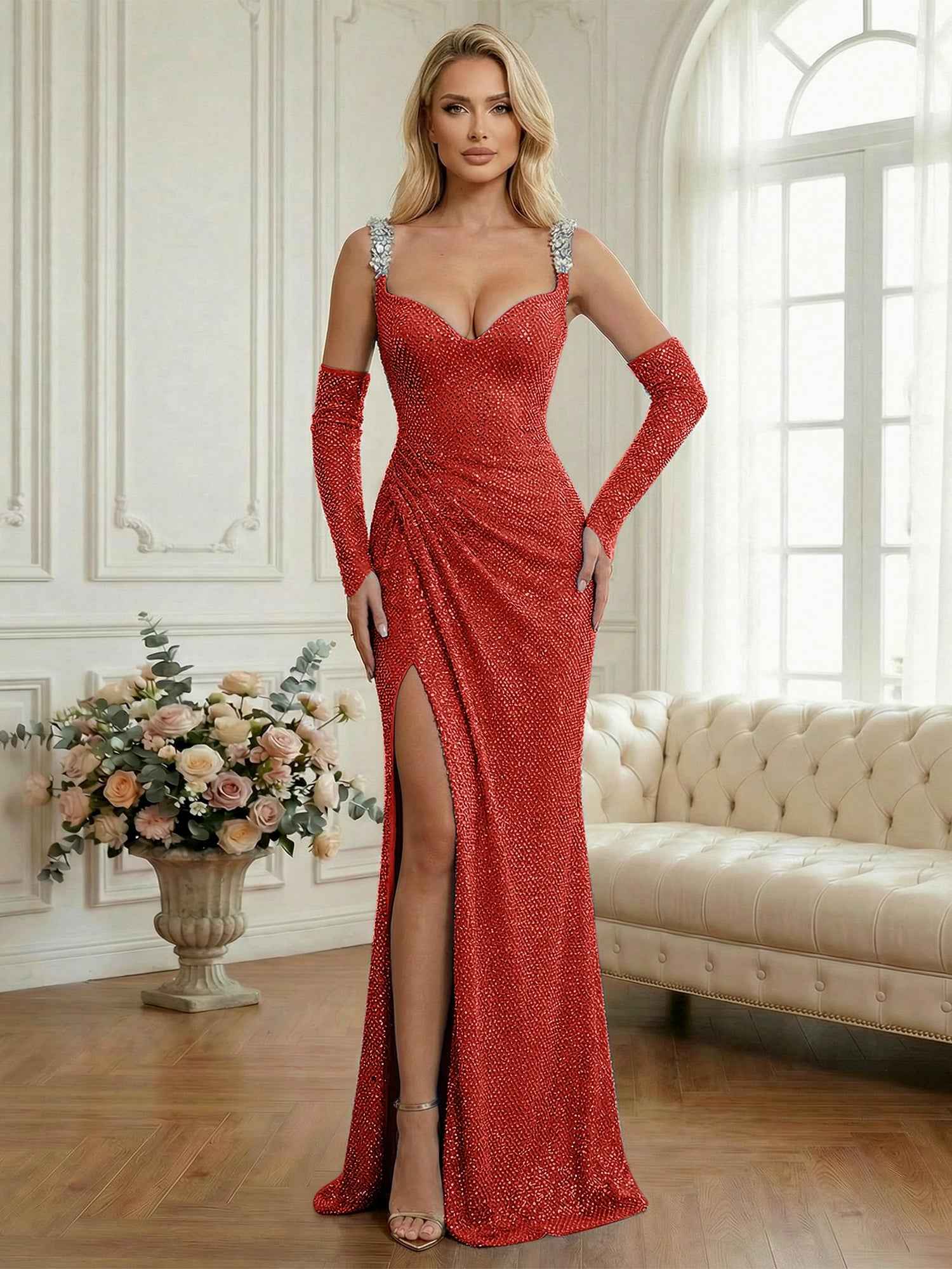 Light Blue Sequin Mermaid Matching Opera Gloves Long Prom Dress with Slit