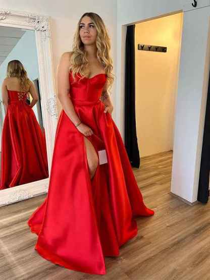 Red A Line Strapless Sweetheart Satin Long Prom Dress with Slit