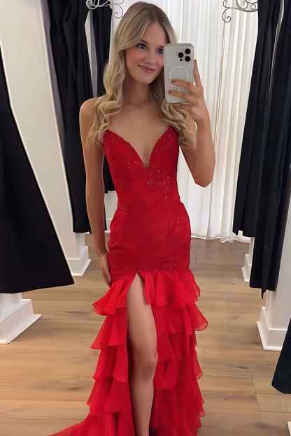 Sparkly Lilac Lace Appliques Sheath Tiered Long Chiffon Prom Dress with Slit