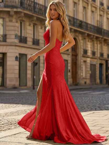 Yellow Beaded Halter Corset Prom Dress with High Slit