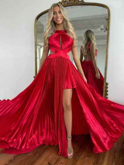 Green A-Line Halter Pleated Satin Long Prom Dress with Slit