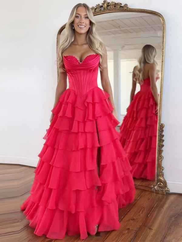 Yellow A Line Strapless Satin Corset Long Prom Dress with Ruffle Skirt