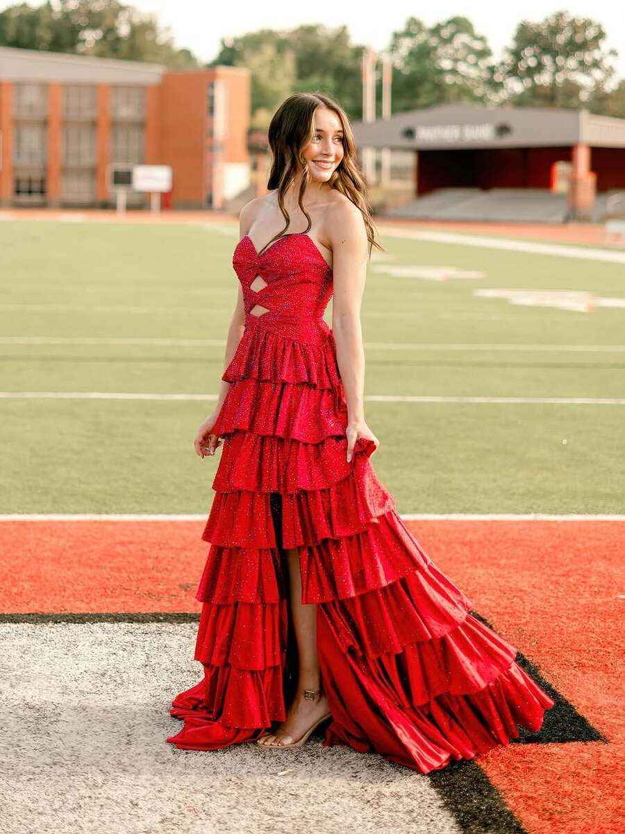 A Line Strapless Sweetheart Satin Prom Dress with Keyhole