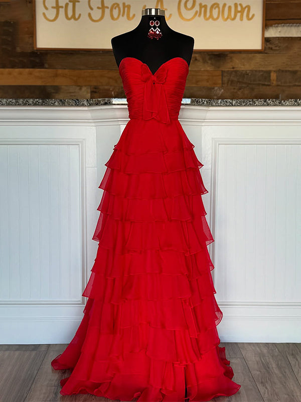 Fuchsia A-Line Sweetheart Chiffon Tiered Long Prom Dress with Slit