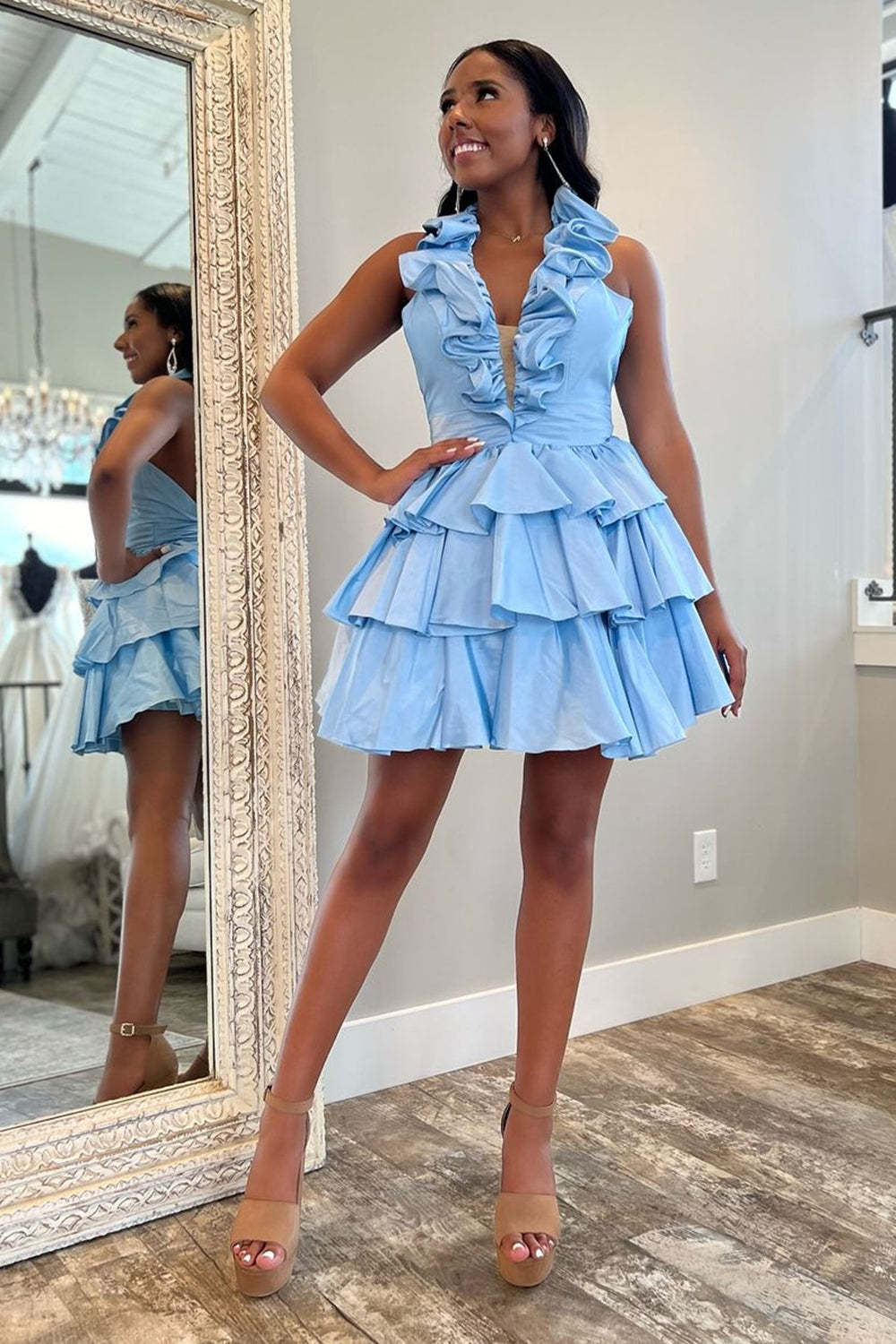 Red Deep V-neck A-Line Satin Short Homecoming Dress with Ruffles
