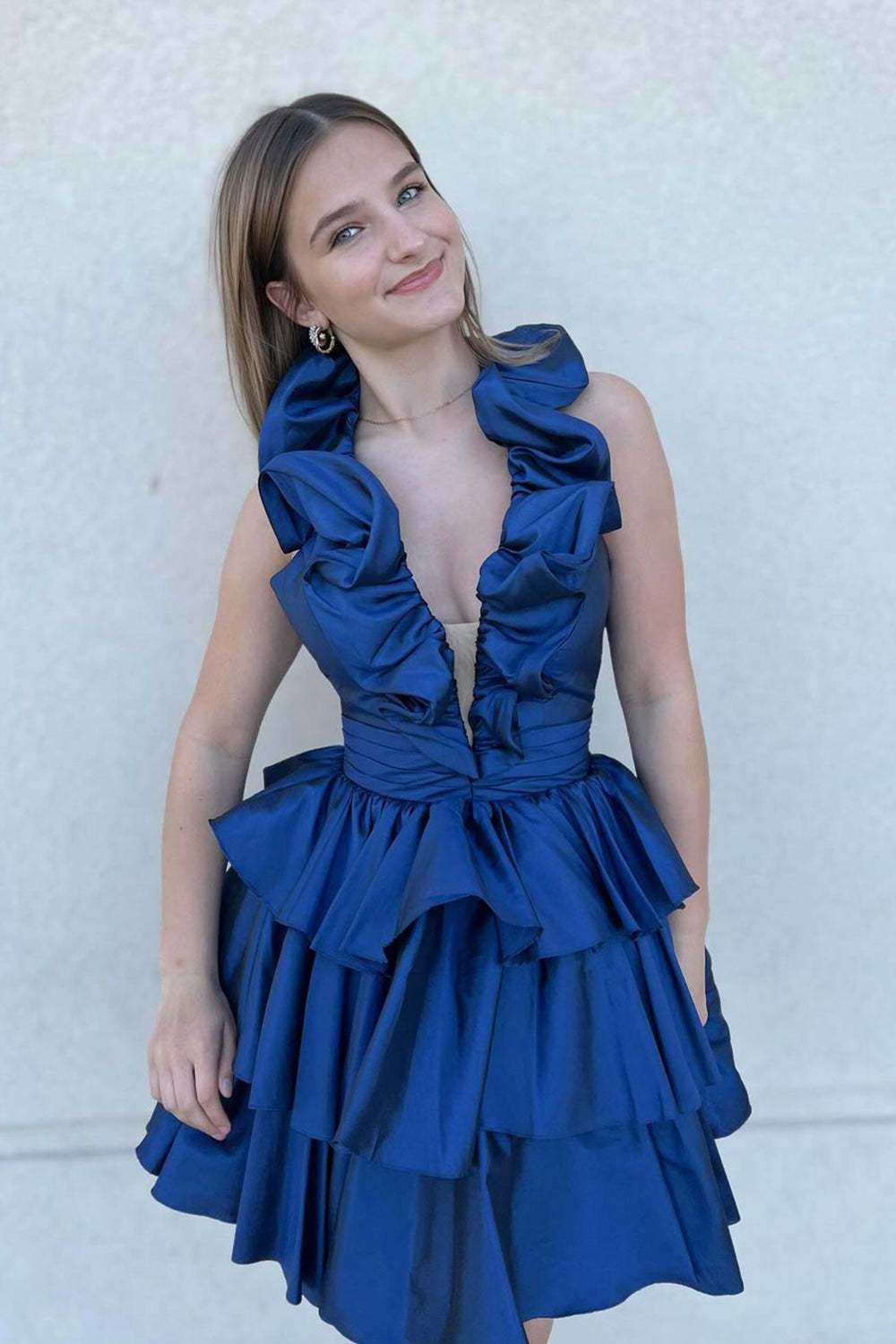 Red Deep V-neck A-Line Satin Short Homecoming Dress with Ruffles