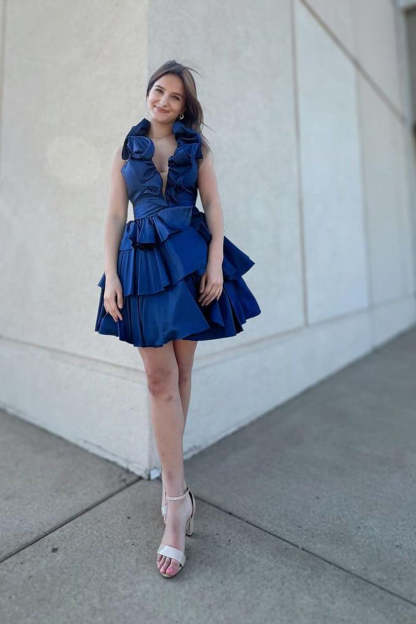 Red Deep V-neck A-Line Satin Short Homecoming Dress with Ruffles