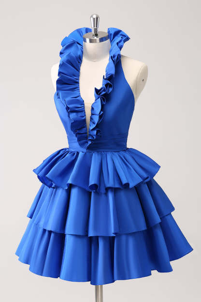 Red Deep V-neck A-Line Satin Short Homecoming Dress with Ruffles