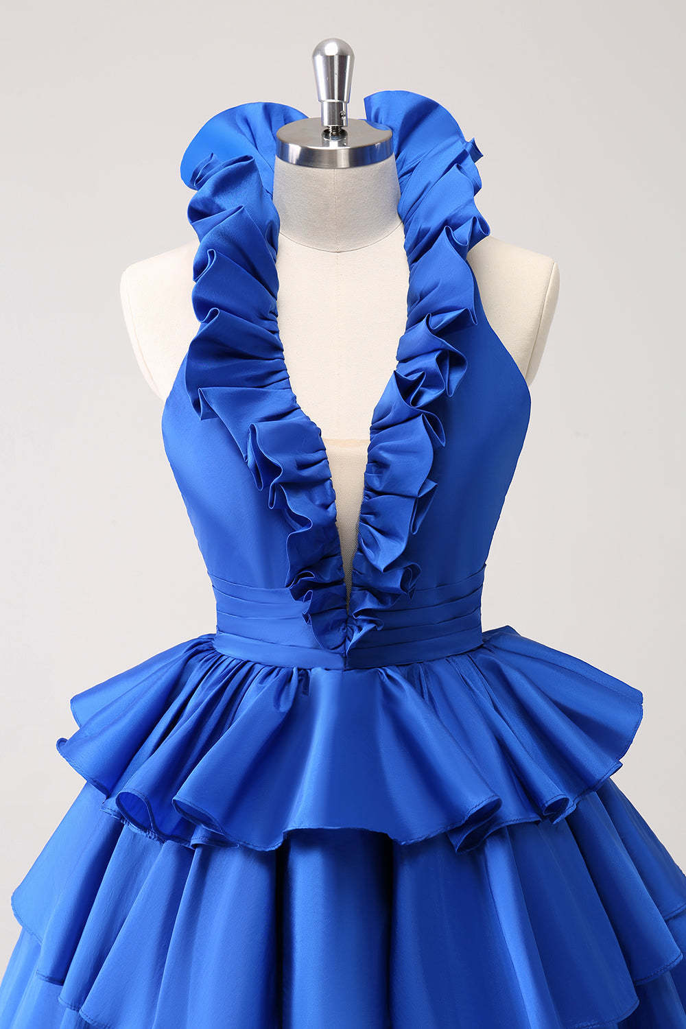 Red Deep V-neck A-Line Satin Short Homecoming Dress with Ruffles