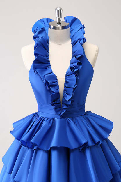 Red Deep V-neck A-Line Satin Short Homecoming Dress with Ruffles