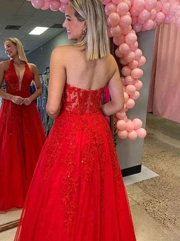 Red Halter A-Line V-Neck Empire-Waist Prom Dress with Lace Appliques