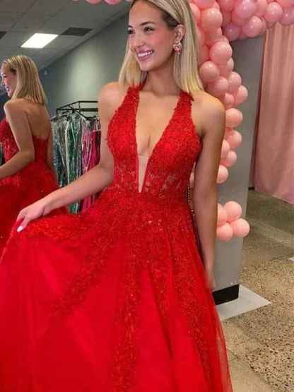 Red Halter A-Line V-Neck Empire-Waist Prom Dress with Lace Appliques