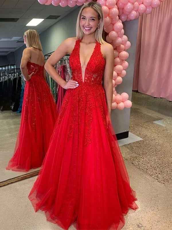 Red Halter A-Line V-Neck Empire-Waist Prom Dress with Lace Appliques