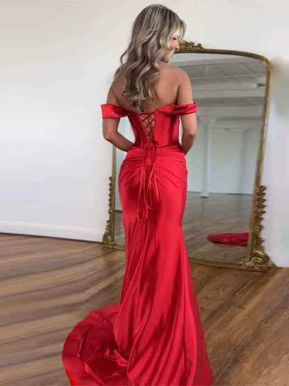 Red Mermaid Off the Shoulder Corset Long Prom Dress with Slit