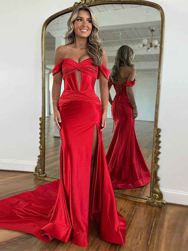 Red Mermaid Off the Shoulder Corset Long Prom Dress with Slit - BMBRIDAL